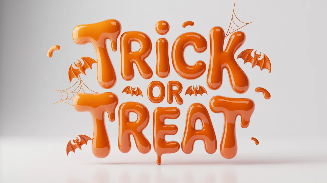 A 3D graphic design of the words 'TRICK OR TREAT' written in a glossy, dripping orange slime font, set against a plain white background.