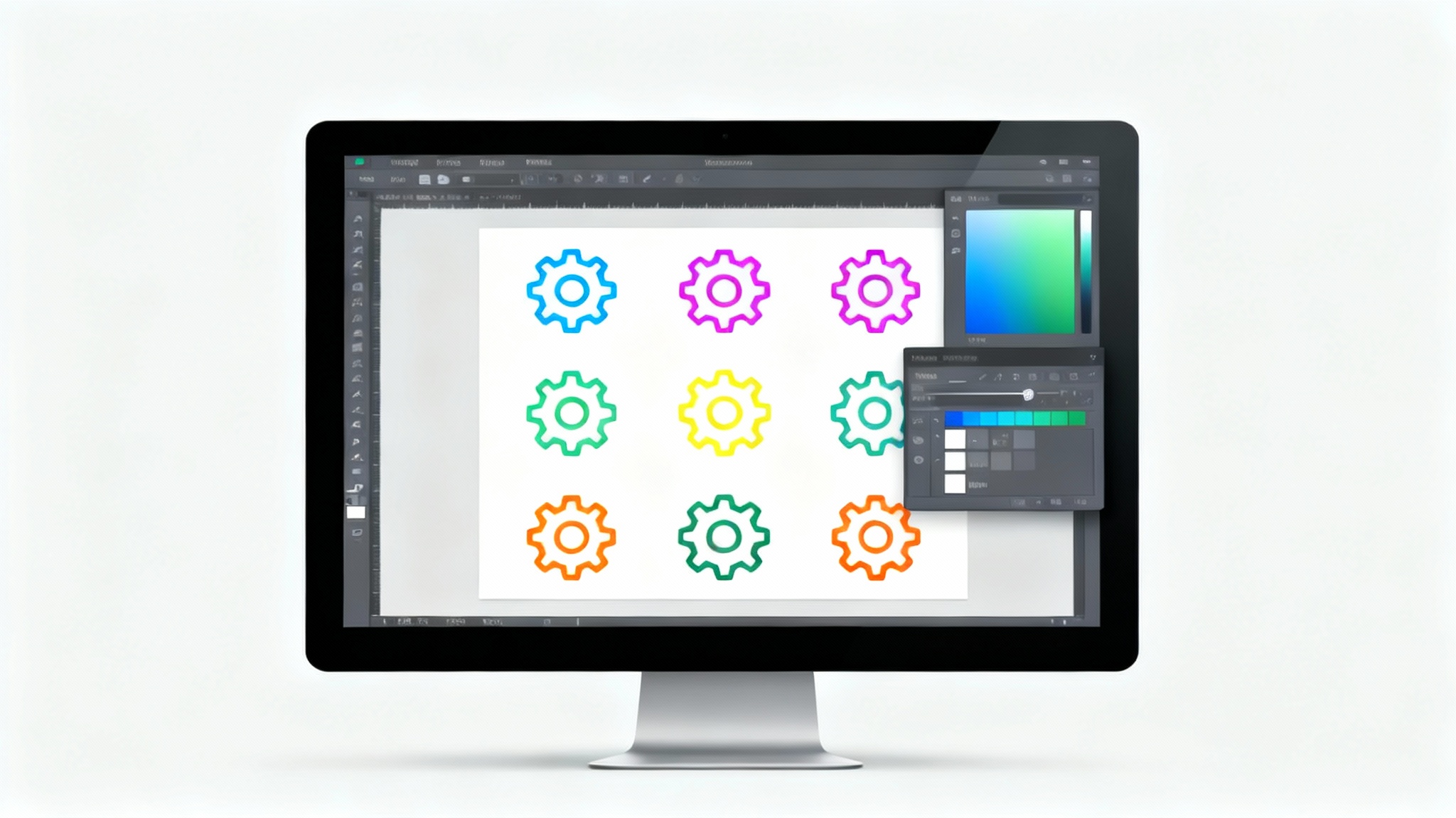 A collection of identical gear icons arranged in a grid, with each icon shown in a different solid color like blue, pink, yellow, and green, demonstrating the result of a color change tool.
