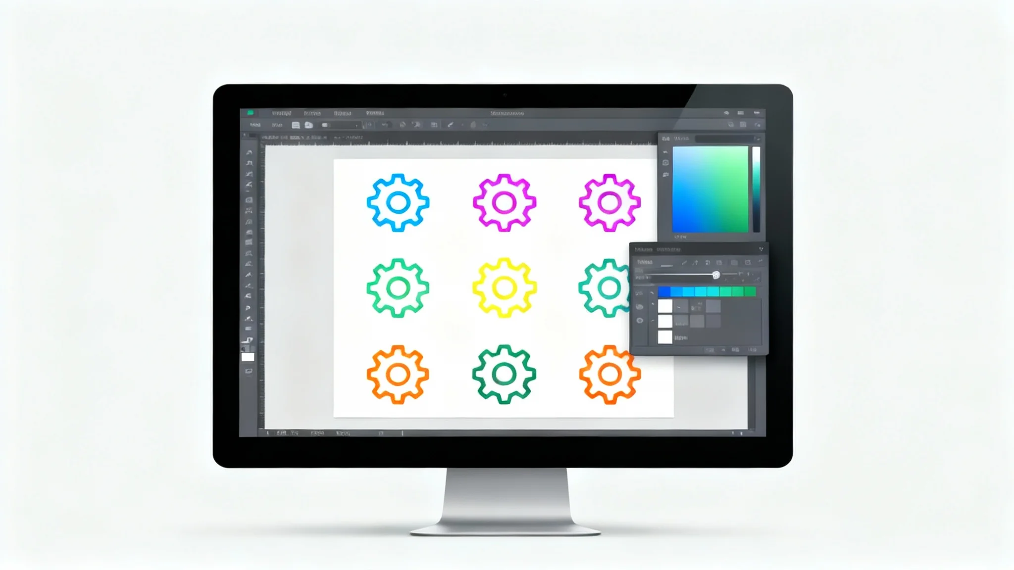 A collection of identical gear icons arranged in a grid, with each icon shown in a different solid color like blue, pink, yellow, and green, demonstrating the result of a color change tool.
