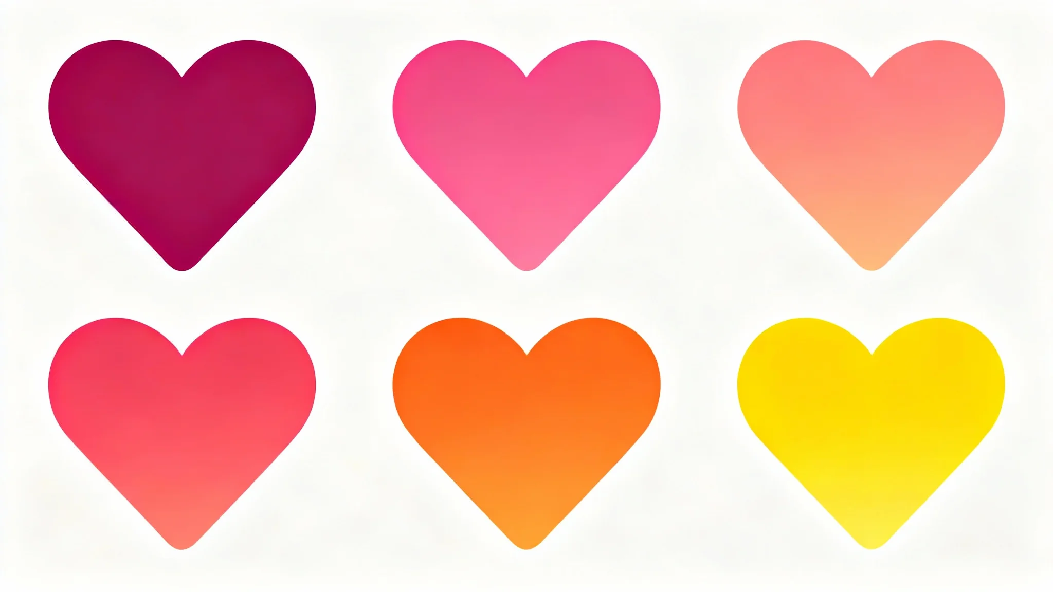A 3x3 grid of heart icons on a white background, with the icons changing color from deep magenta to bright yellow, illustrating the concept of changing icon colors.