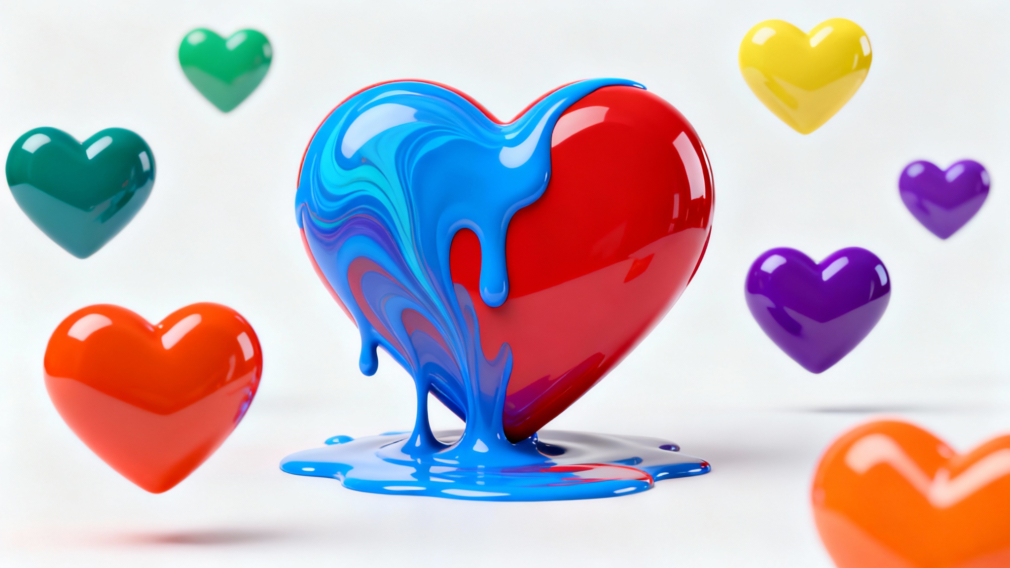 A central 3D heart icon is shown changing color from red to blue, surrounded by smaller heart icons in green, yellow, purple, and orange on a white background, illustrating icon color customization.