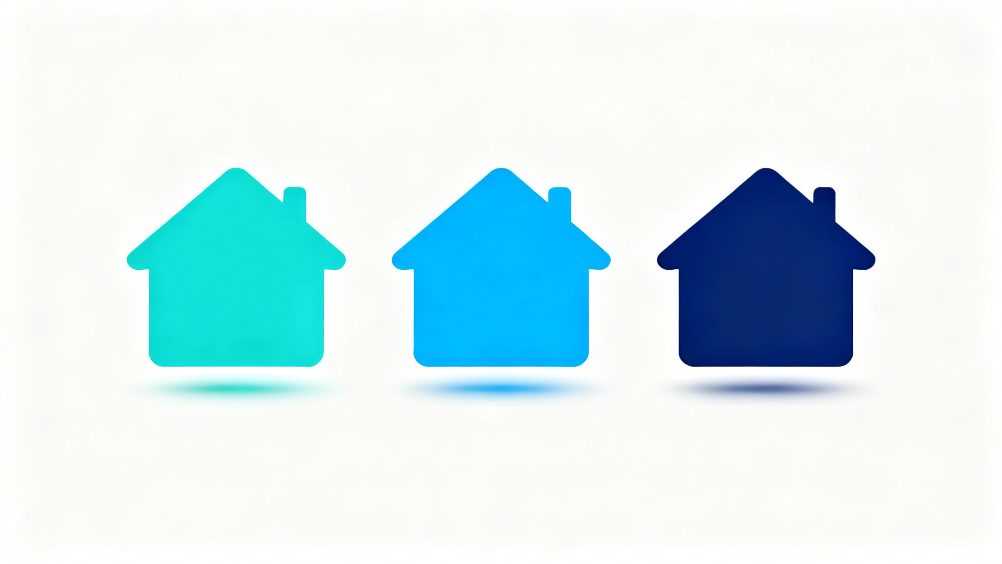 A row of identical house icons on a white background, illustrating a color change with a smooth gradient from teal to navy blue.
