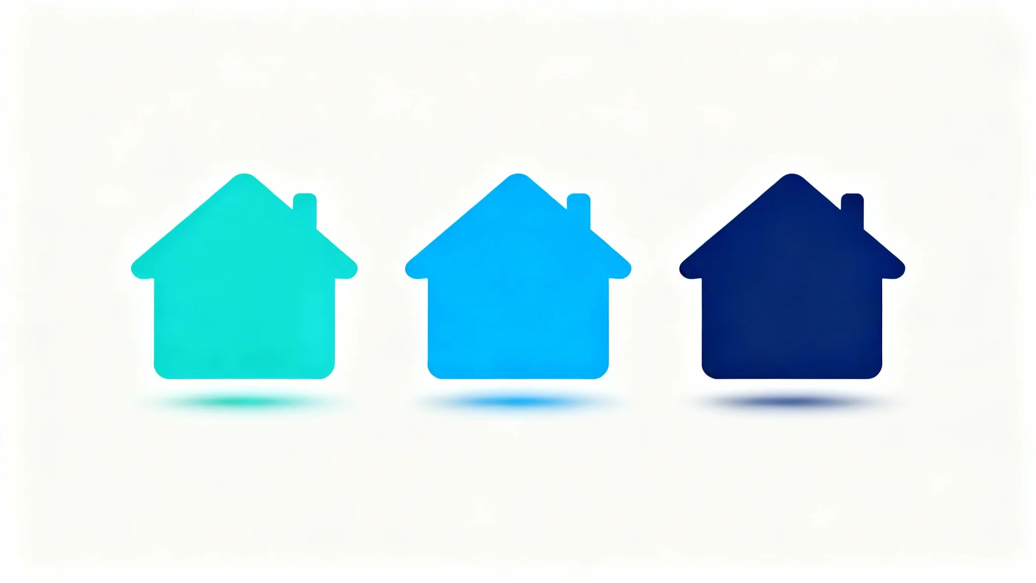 A row of identical house icons on a white background, illustrating a color change with a smooth gradient from teal to navy blue.