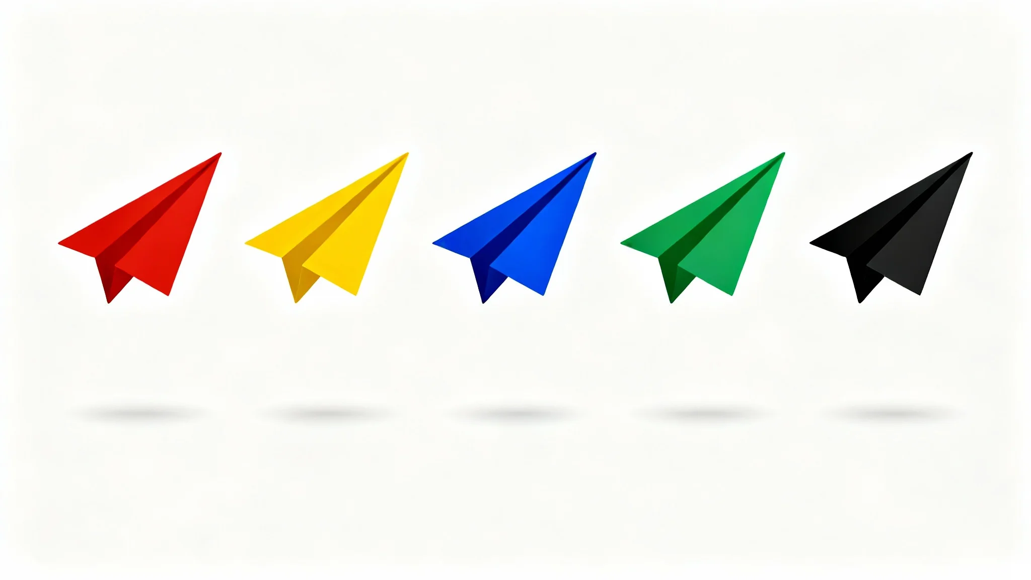 A row of five identical paper airplane icons on a white background, each a different vibrant color, demonstrating the ability to change icon colors.