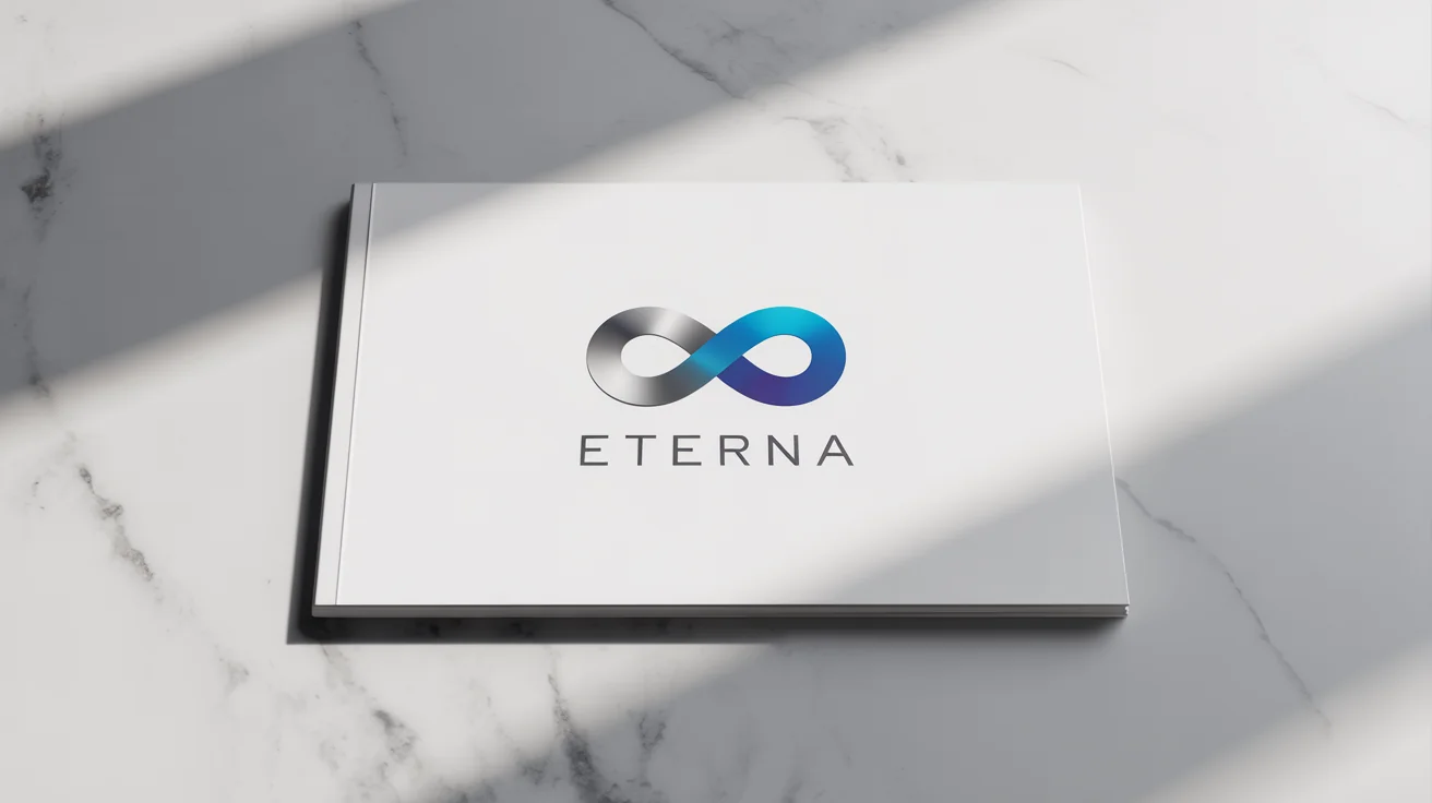 A modern and professional logo for the fictional brand 'Eterna', featuring a blue and silver infinity symbol, mocked up on a black brochure.