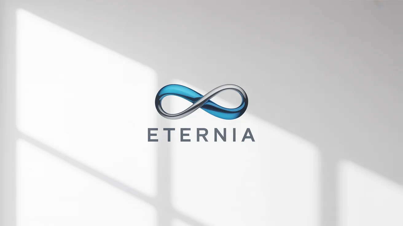 A modern, minimalist infinity symbol logo with a blue and silver gradient. The fictional brand name 'Eternia' is written below it on a clean white background.