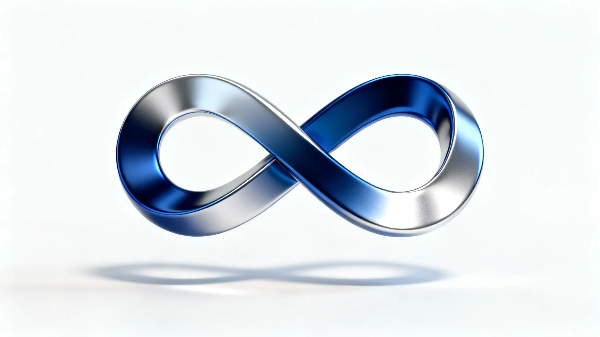 A sleek 3D infinity symbol logo with a blue to silver metallic gradient, presented on a clean white background with a soft shadow.