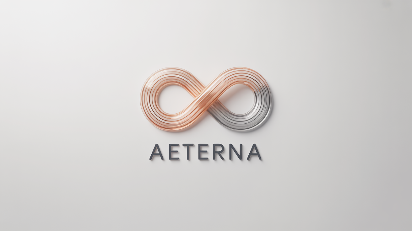 A modern and elegant infinity logo mockup with a rose gold and silver metallic gradient, presented on a plain white background with the fictional brand name 'Aeterna' below it.