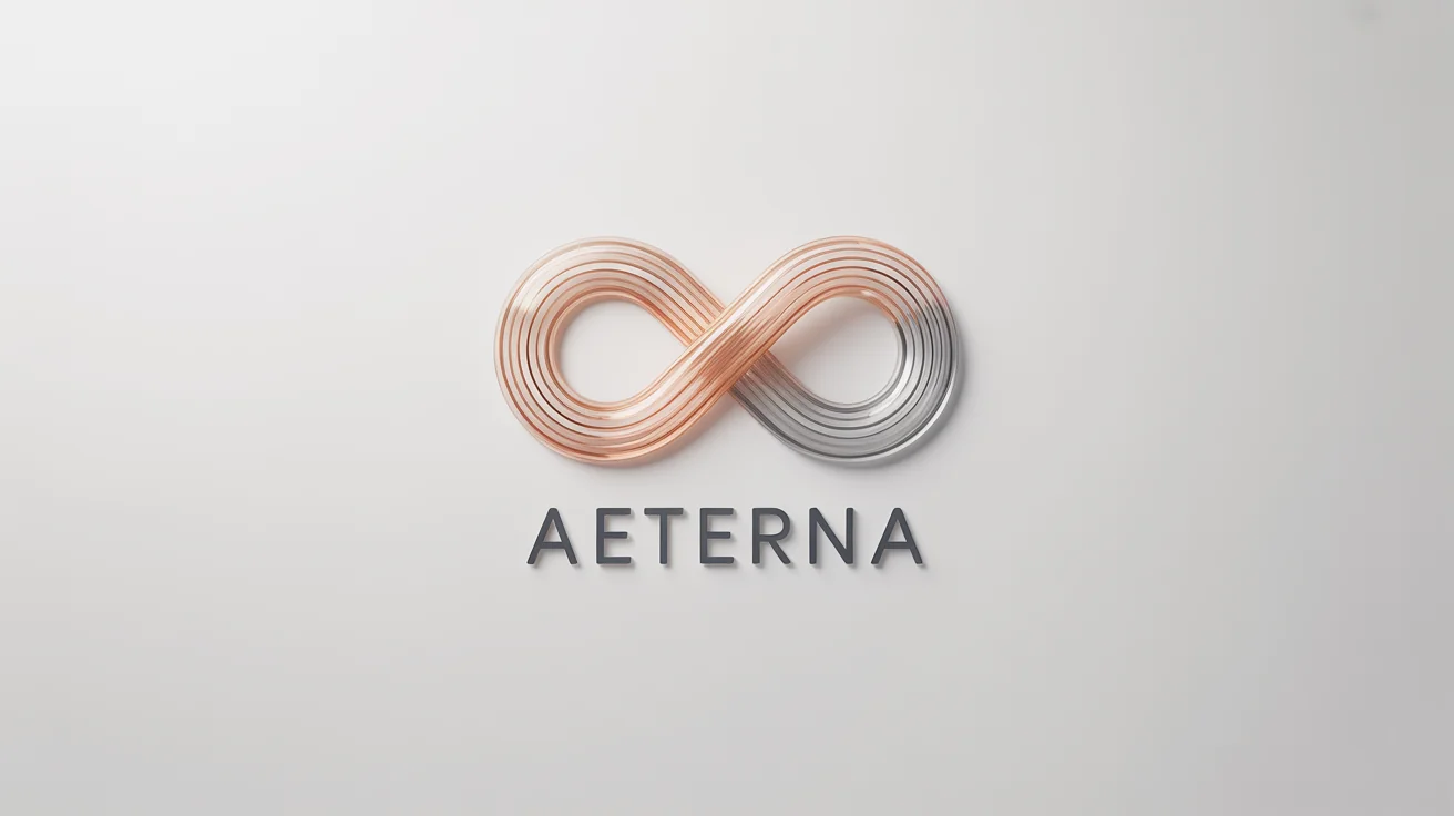 A modern and elegant infinity logo mockup with a rose gold and silver metallic gradient, presented on a plain white background with the fictional brand name 'Aeterna' below it.