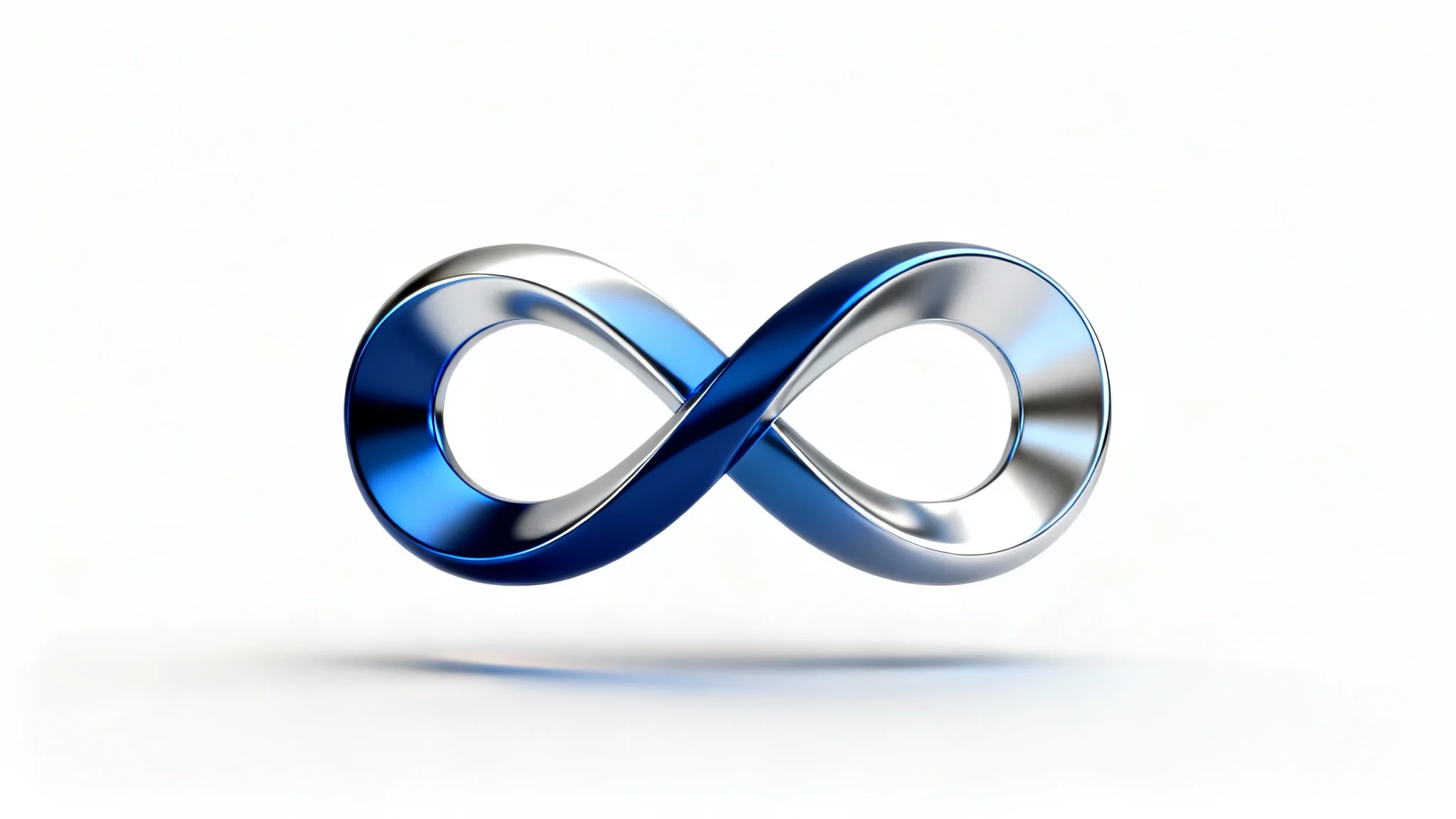 A sleek 3D infinity logo with a blue and silver metallic gradient, presented on a clean white background.