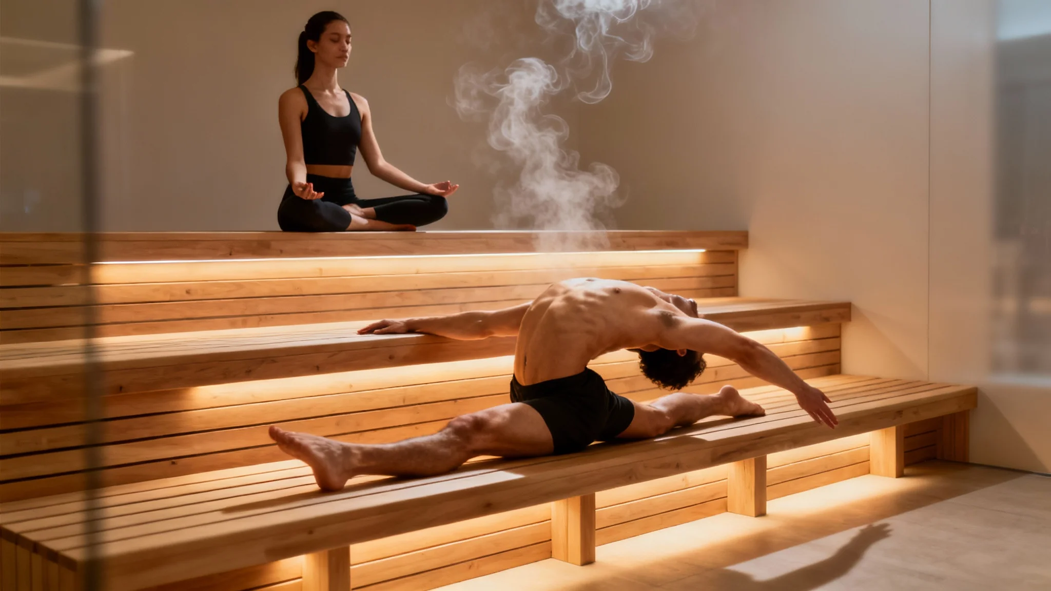 A man and a woman demonstrating various athletic and relaxed poses inside a minimalist wooden sauna, intended as a reference for artists.