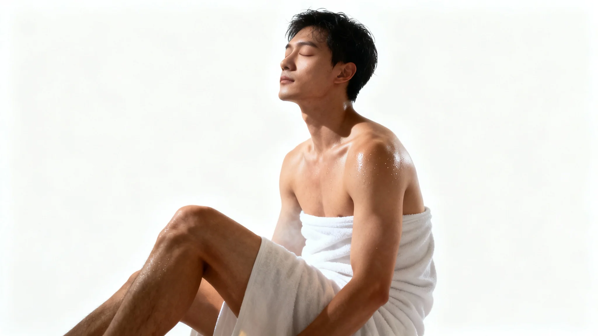 A photorealistic mockup of a person in a serene pose for a sauna reference, wrapped in a white towel against a plain white background.
