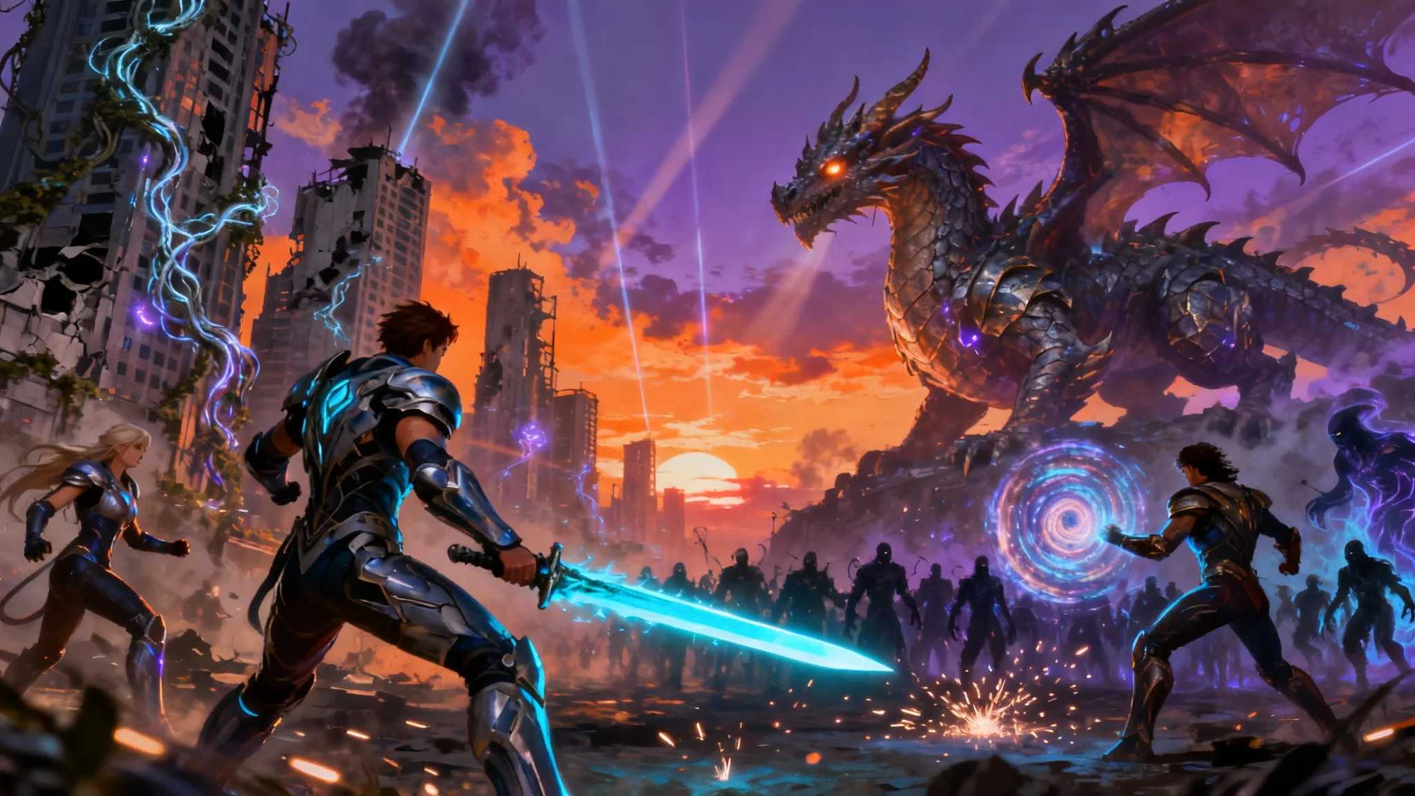 An epic digital artwork of a fantasy battle in a modern city at sunset. Four heroes in futuristic armor fight a giant dragon and shadowy monsters amidst crumbling skyscrapers, with magical effects and dramatic lighting.
