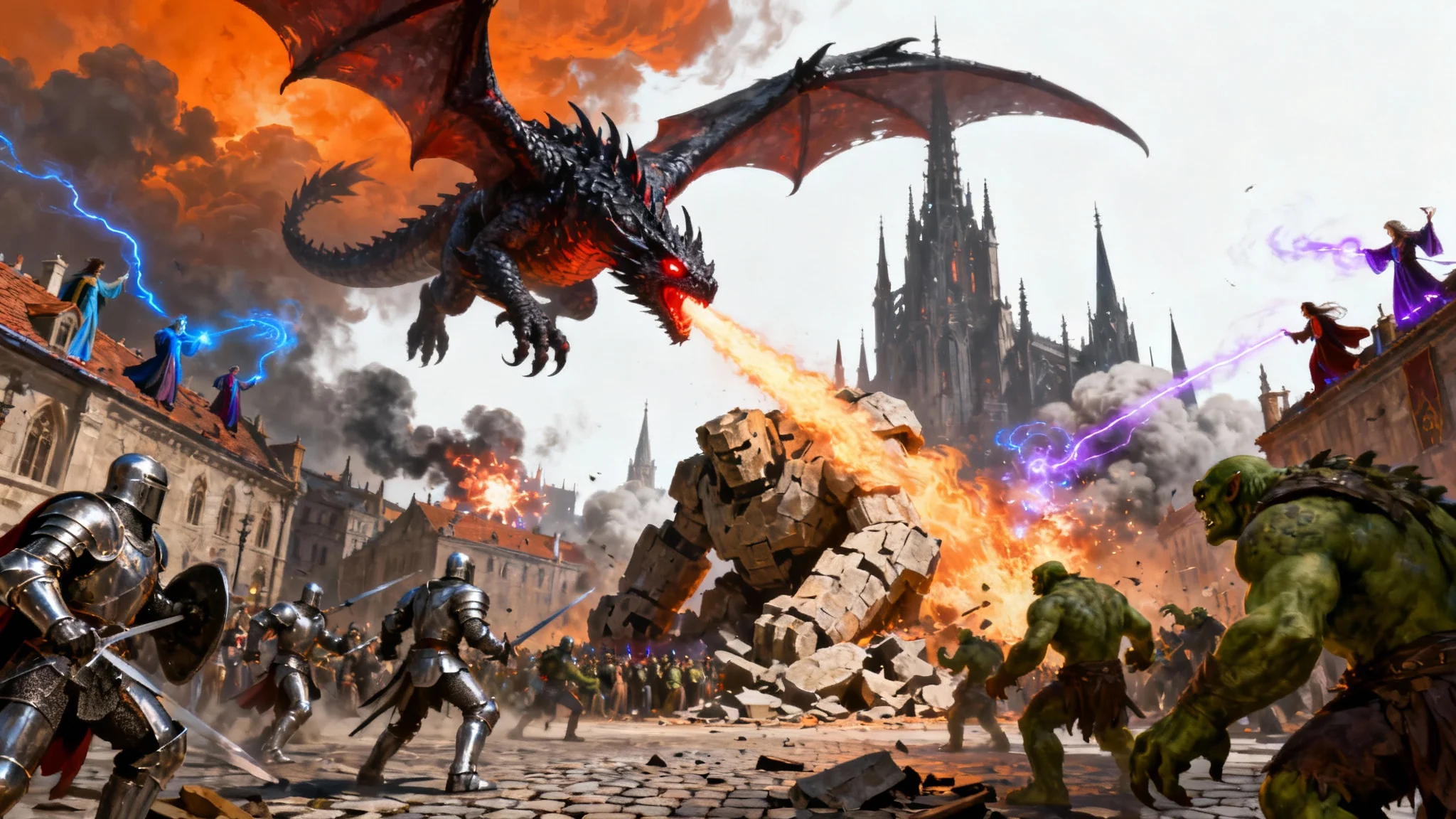 An epic fantasy battle scene in a city, where a massive dragon fights a stone golem while knights battle orcs on the streets below, presented as a piece of digital art.