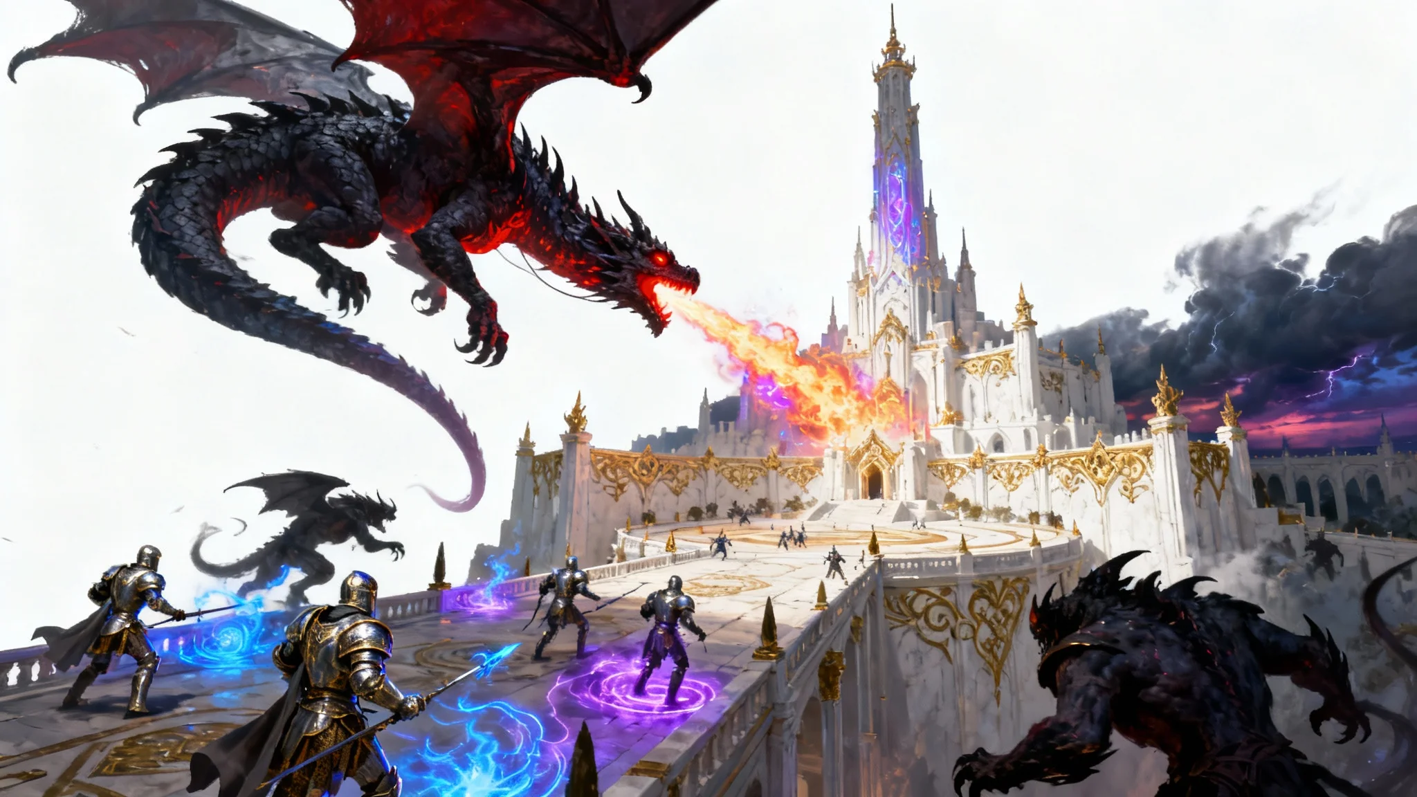 A detailed digital painting of an epic fantasy battle. A massive dark dragon attacks a gleaming white city, while knights fight monsters in the streets below.