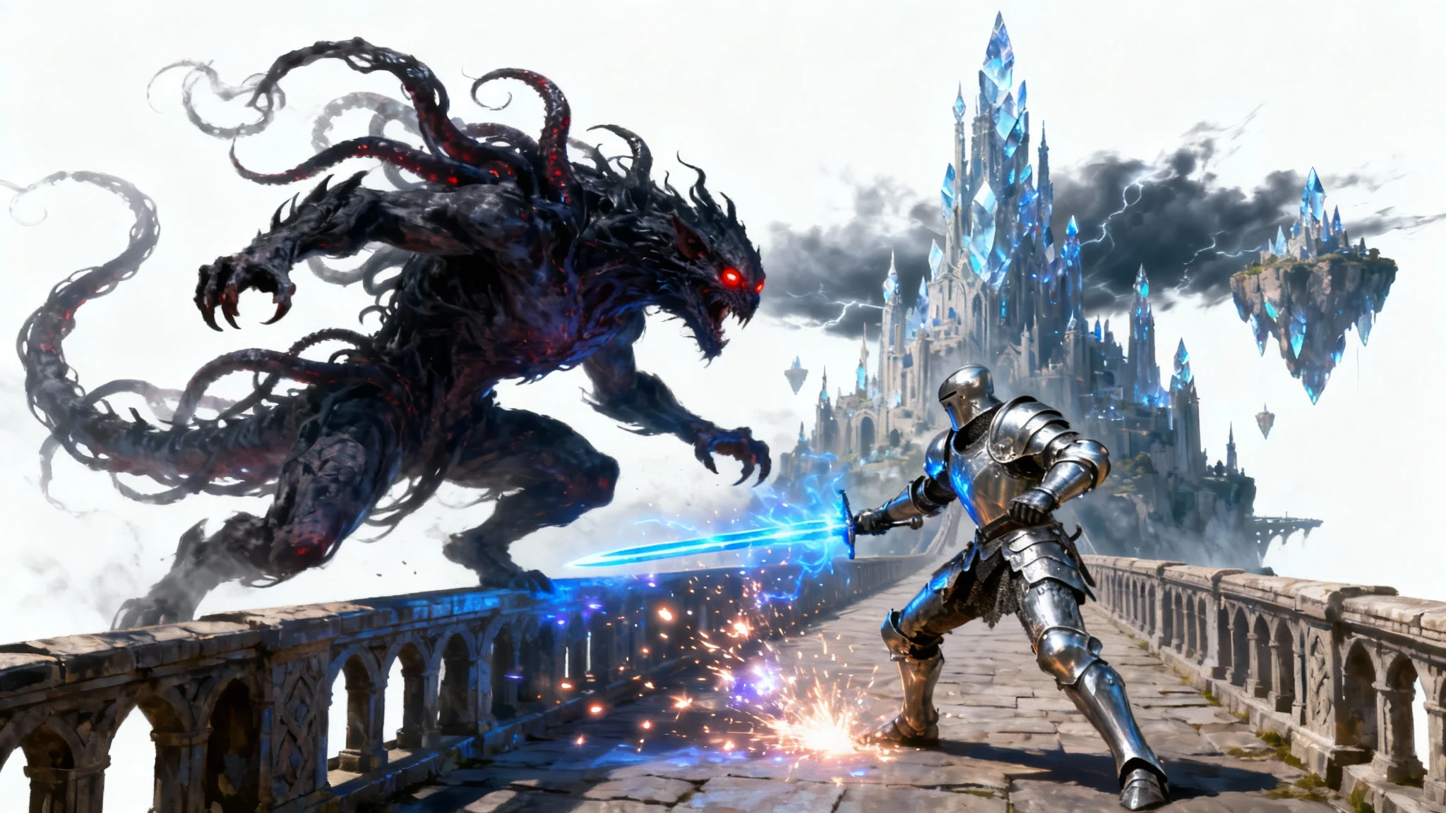 Epic fantasy battle art showing a knight with a glowing sword fighting a dark monster on a bridge, with a magical city in the background, all isolated on a white backdrop.