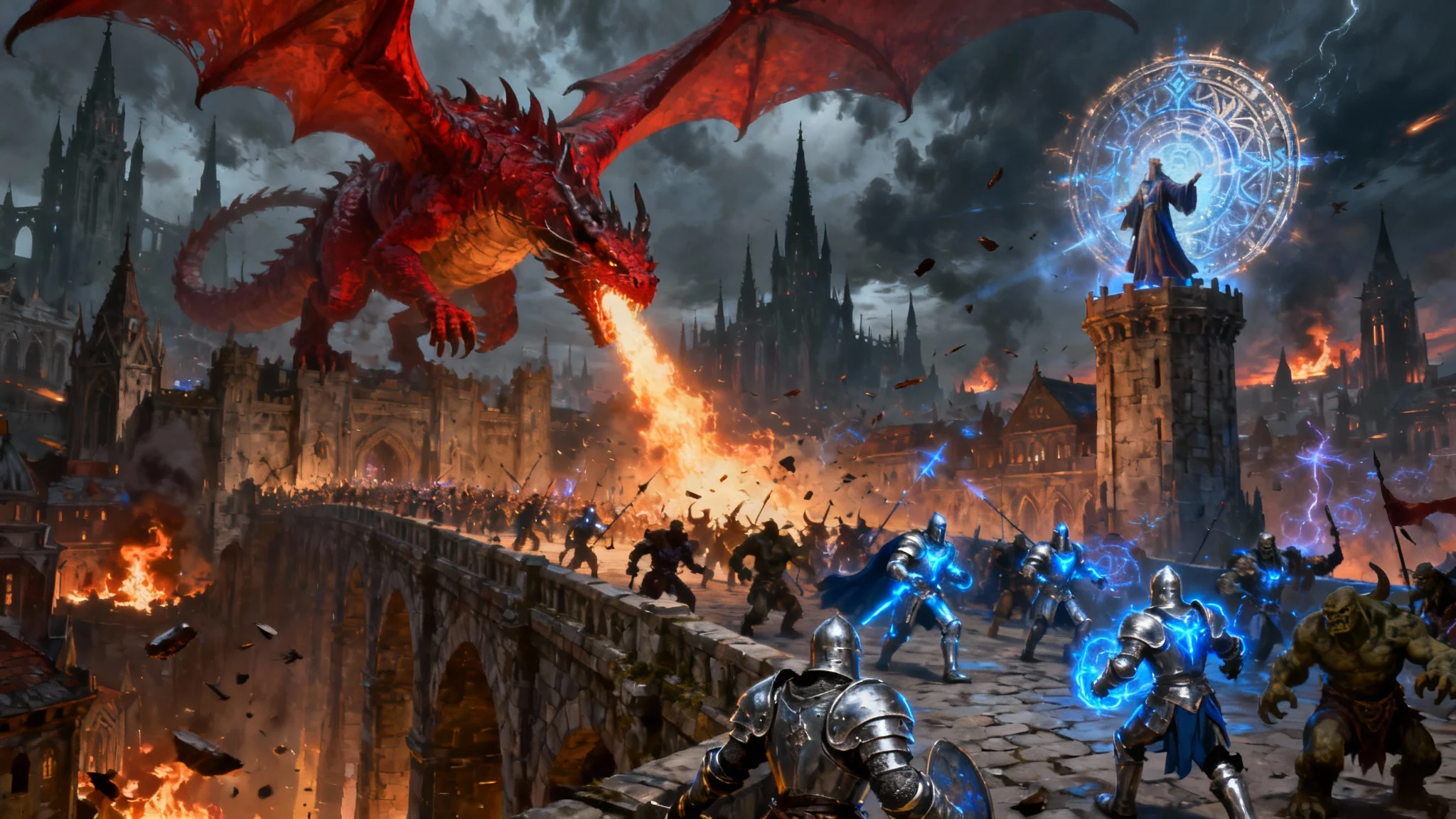 An epic fantasy battle scene in a city, where a large dragon attacks from the sky as knights fight monsters on a bridge below.
