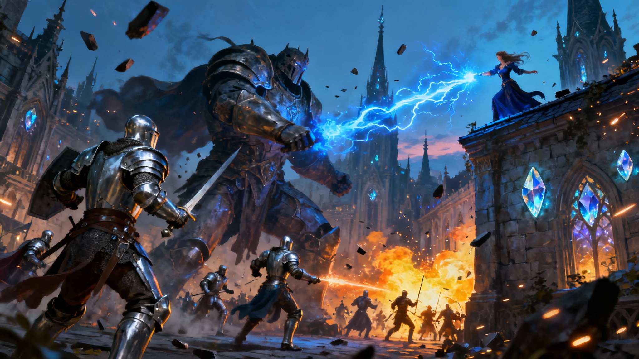 An epic fantasy battle scene in a city, where knights and a sorceress fight a giant armored monster amidst glowing buildings and magical explosions.
