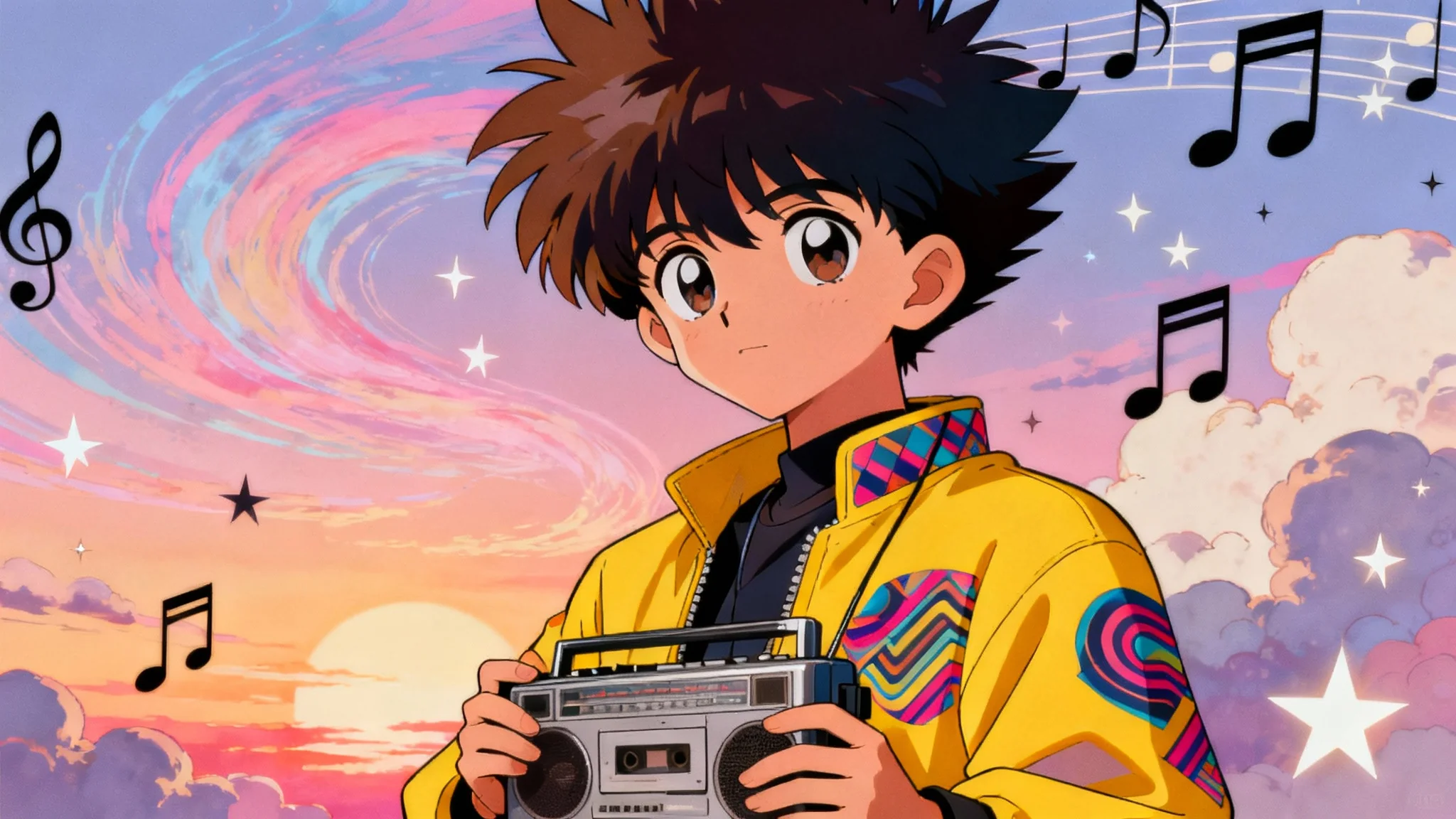 A finished artwork in a retro 90s anime style. A character with a yellow jacket holds a cassette player against a dreamy pastel background with musical notes, representing a final design from a retro aesthetic tool.