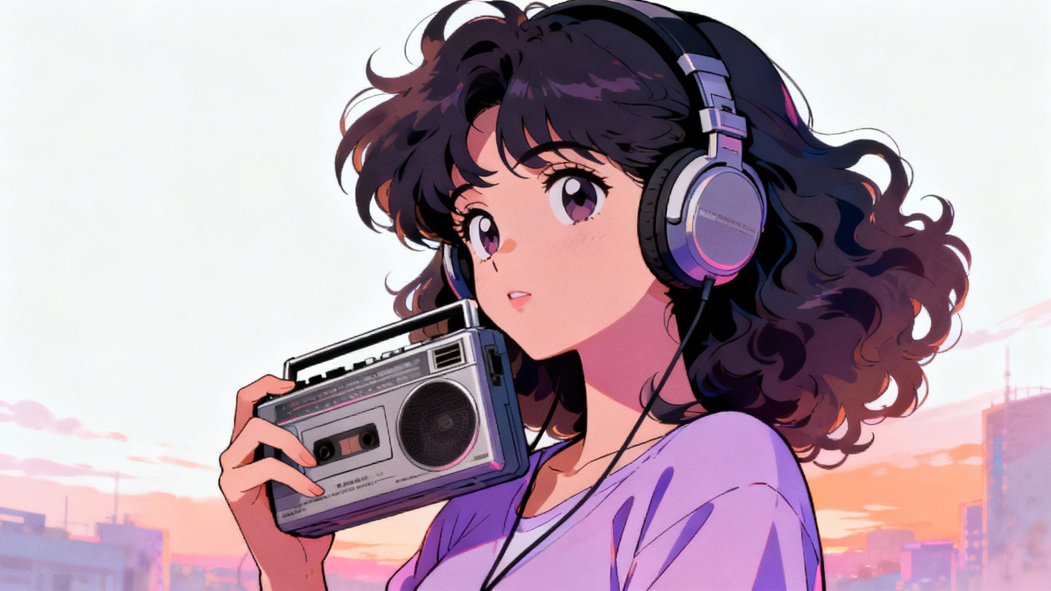 A mockup of a retro anime music aesthetic, featuring a 90s-style anime woman with headphones and a cassette player against a dreamy, pastel cityscape, isolated on a white background.