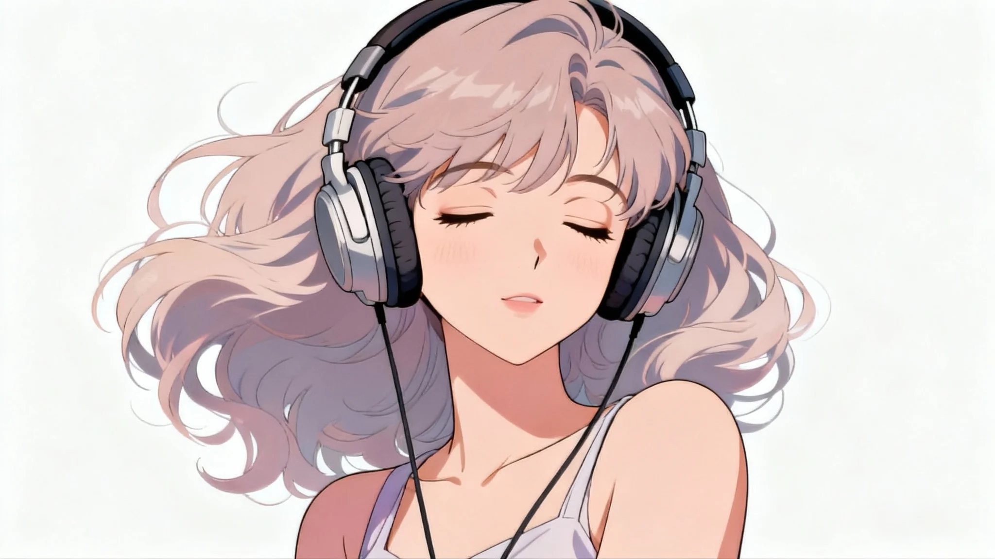 A mockup illustration in a 90s retro anime style, showing a character wearing vintage headphones against a solid white background, embodying a lo-fi music aesthetic.