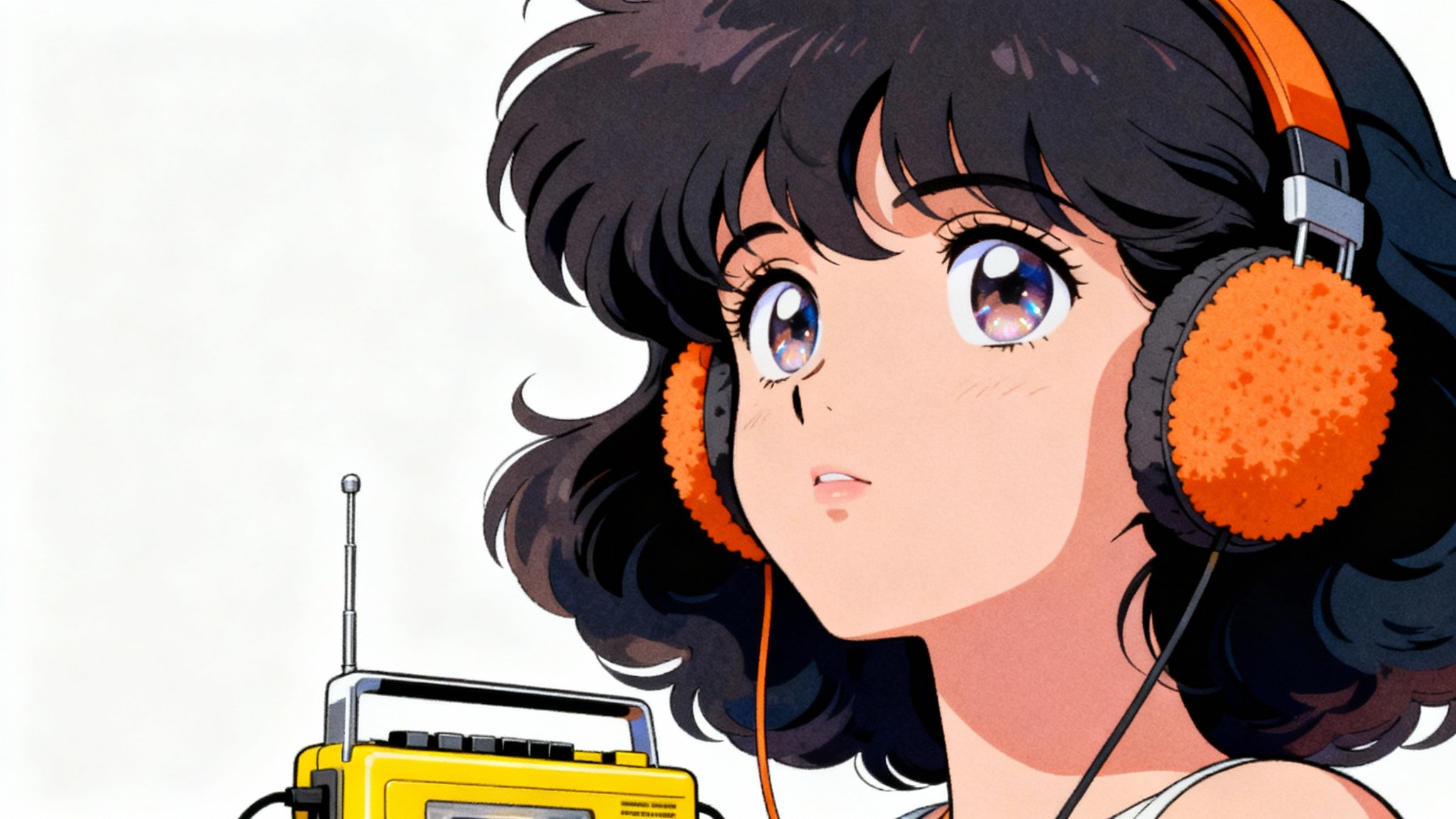 A retro 90s anime-style illustration of a young woman with large eyes and dark hair, listening to a classic portable cassette player with orange headphones, set against a plain white background.