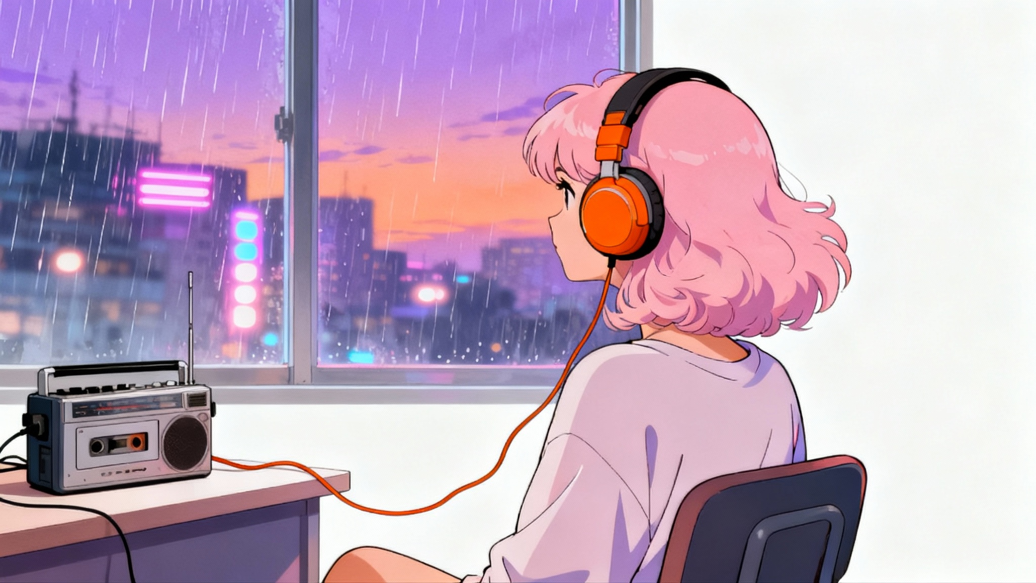 A 90s retro anime illustration of a girl with pink hair wearing headphones and looking out a window at a rainy city skyline at dusk, representing a retro music aesthetic.
