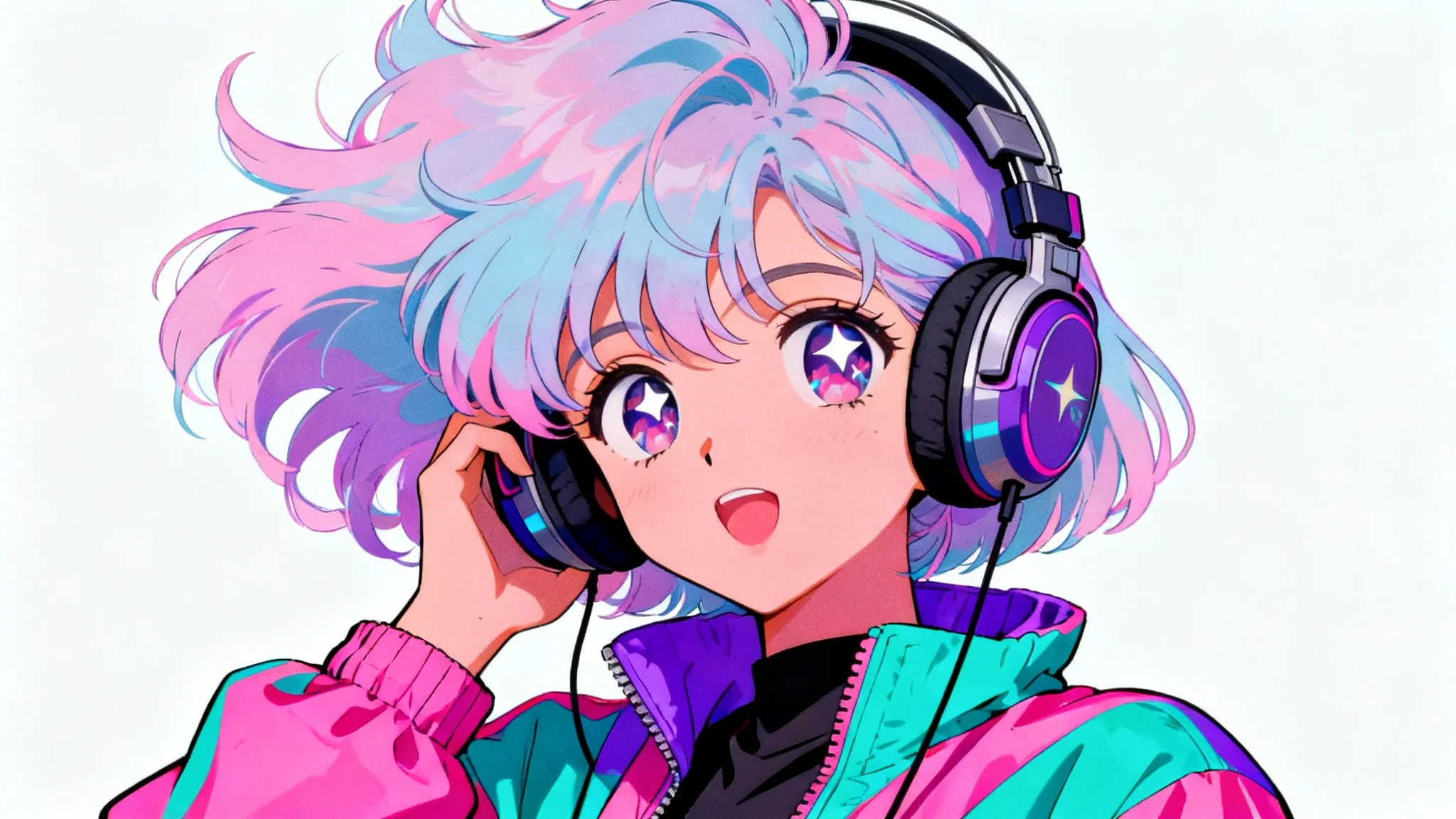 A retro 90s anime style illustration of a character listening to music on vintage headphones against a solid white background, capturing a nostalgic and vibrant music aesthetic.