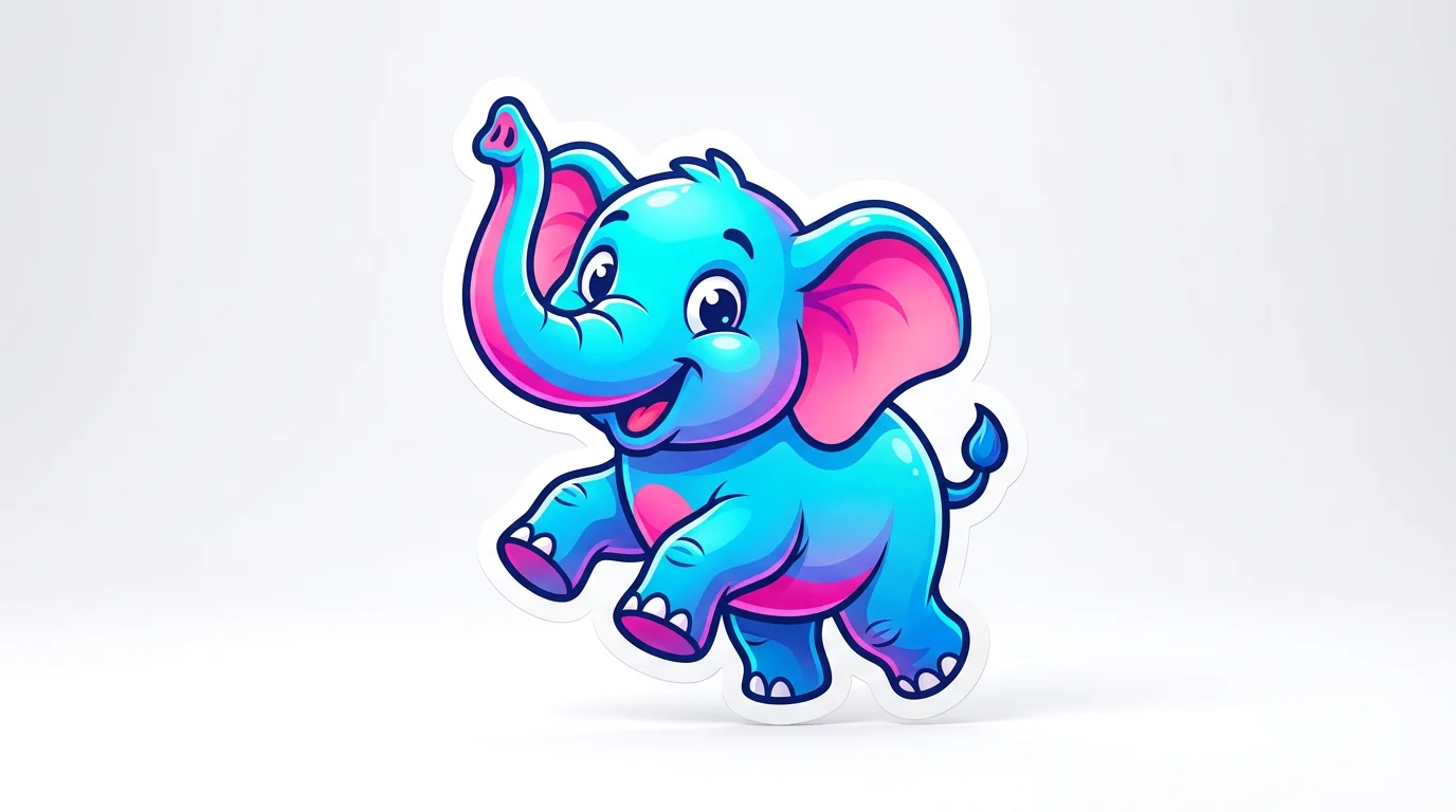 A vibrant cartoon elephant in shades of blue and pink, shown as a final design result. The elephant has a cheerful smile and is posing playfully on a clean white background.