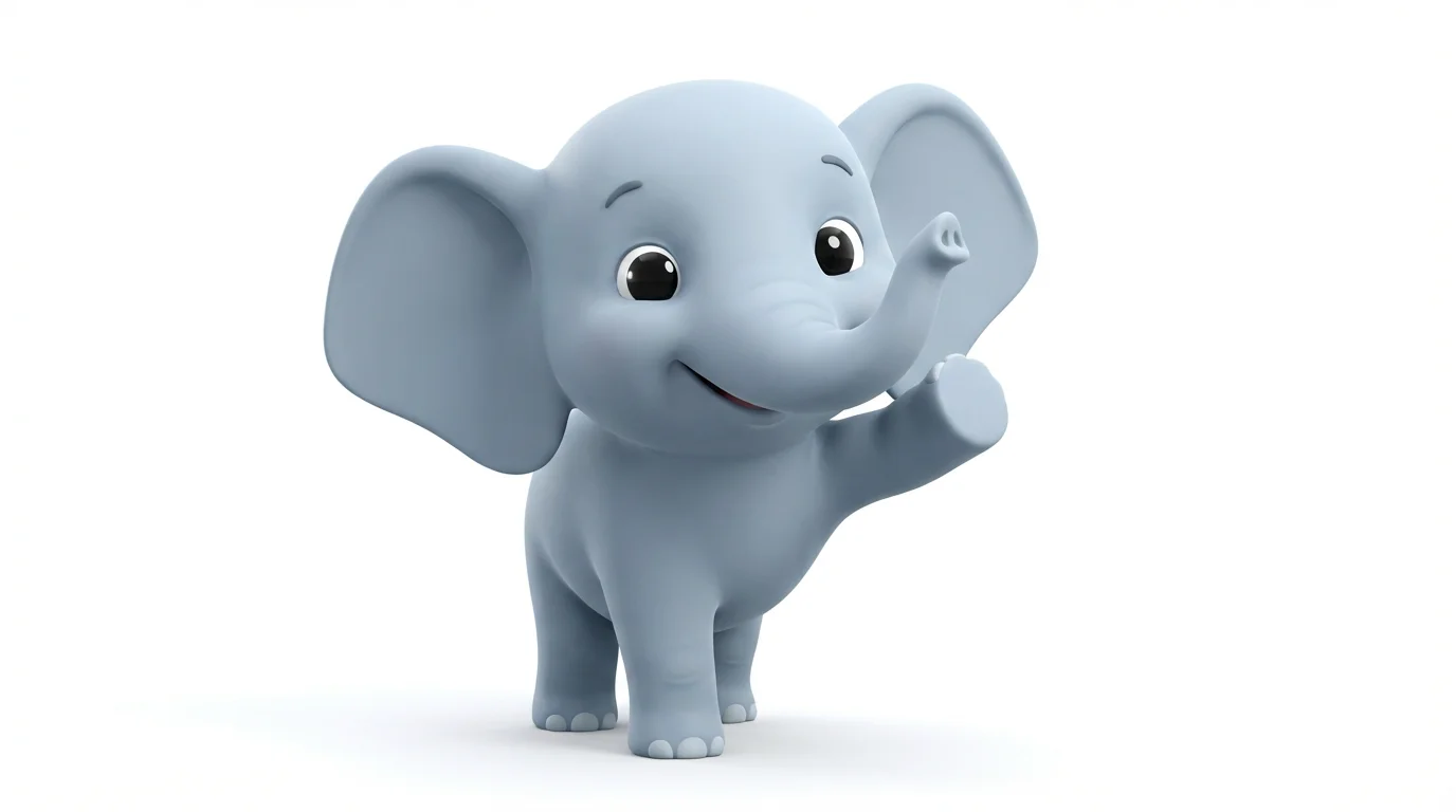 A cute, light blue cartoon baby elephant with big ears, smiling and waving against a plain white background.