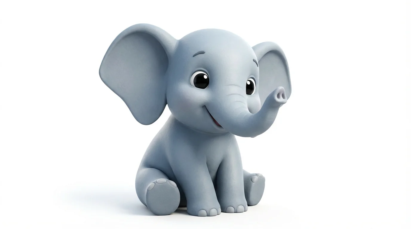 A cute, 3D-style cartoon baby elephant with big ears, sitting happily on a plain white background.