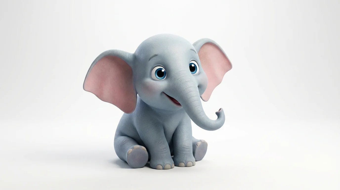 A charming 3D cartoon baby elephant, rendered in a Pixar animation style, sitting happily against a clean white background.