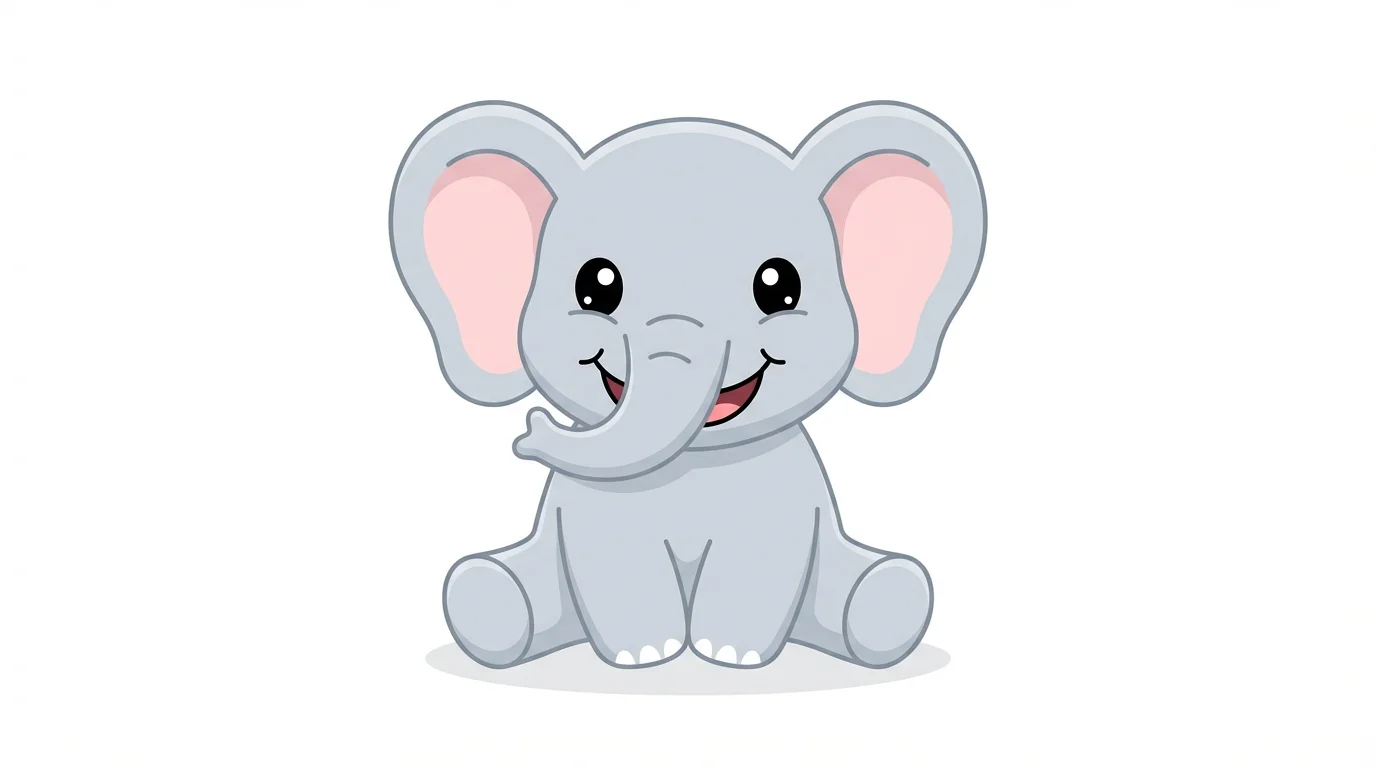 A cute cartoon baby elephant with big ears, sitting and smiling, illustrated in a clean vector style on a white background.