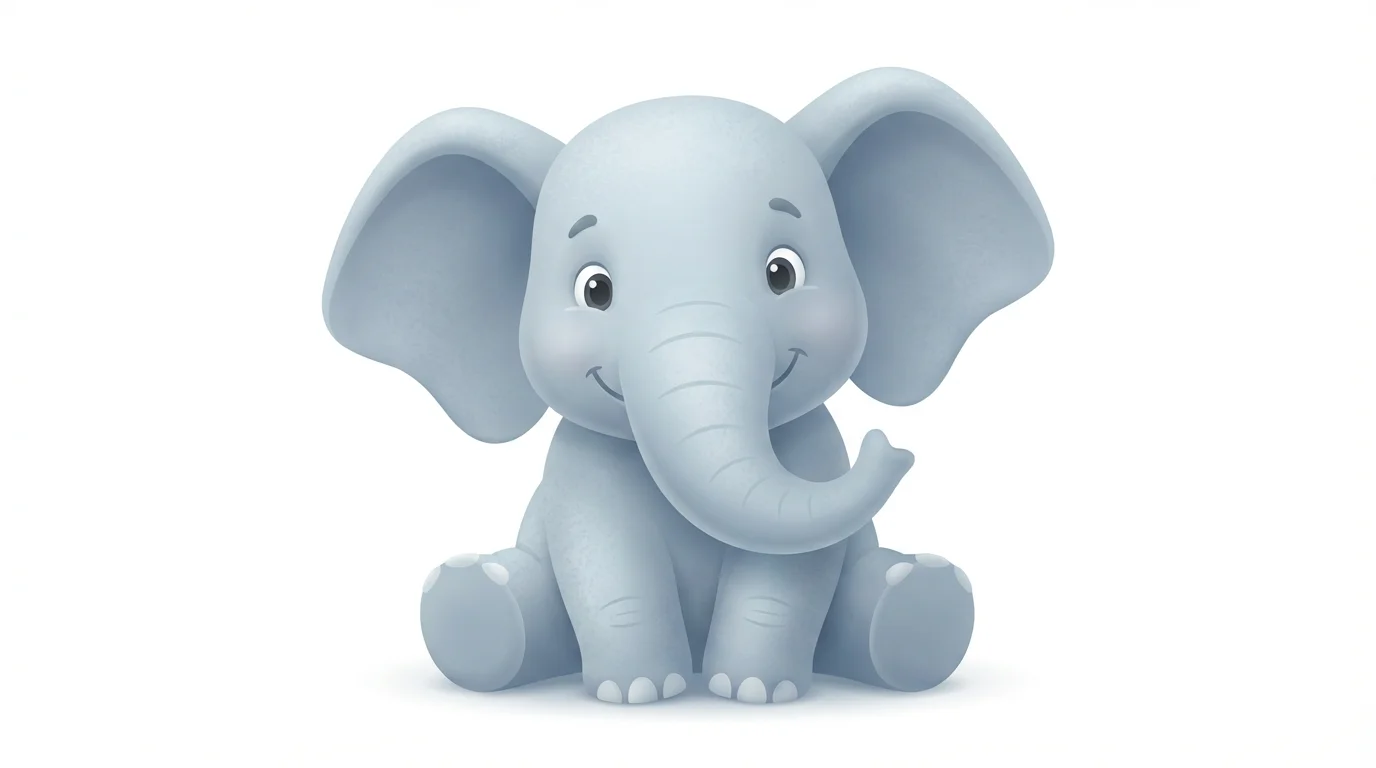 A modern cartoon illustration of a friendly, cute baby elephant sitting down and smiling, isolated on a clean white background.