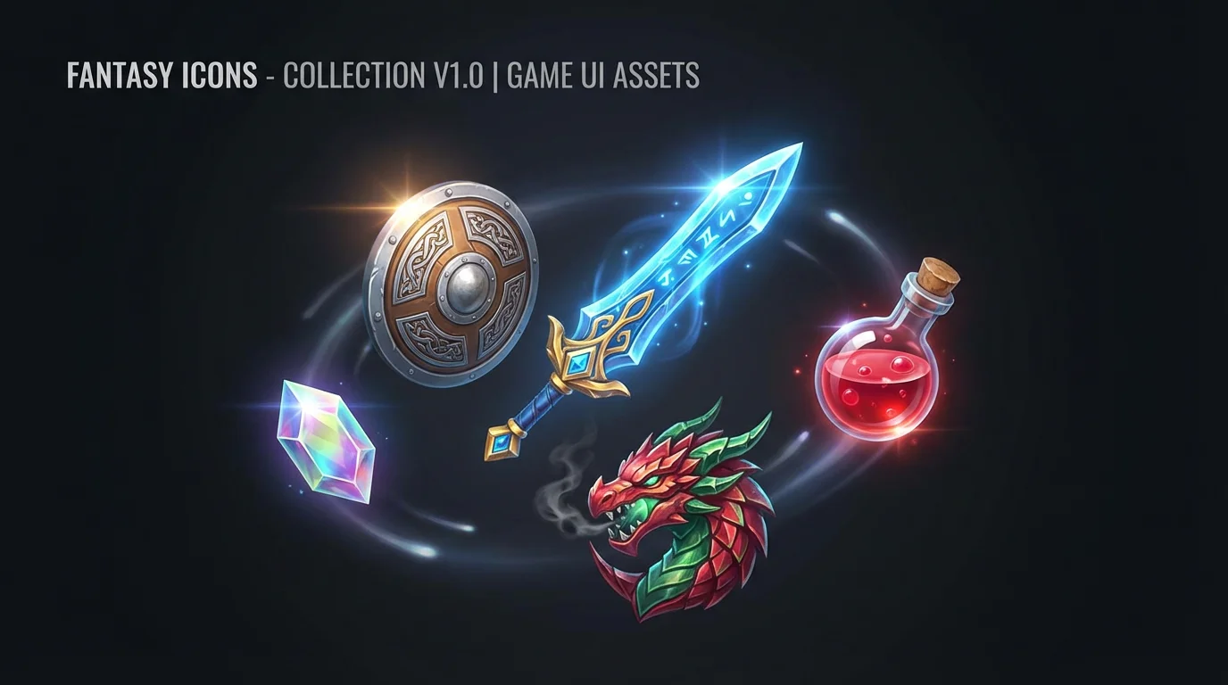 A dynamic arrangement of high-quality fantasy gaming icons, including a sword, shield, and dragon emblem, displayed against a clean dark background, representing the final output of a design tool.