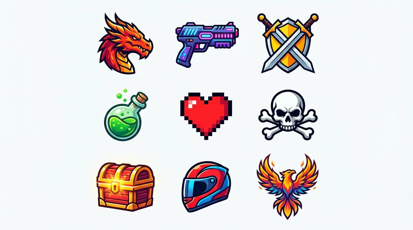 A 3x3 grid of nine diverse and colorful gaming icons on a clean white background, showcasing styles from fantasy to sci-fi and retro.
