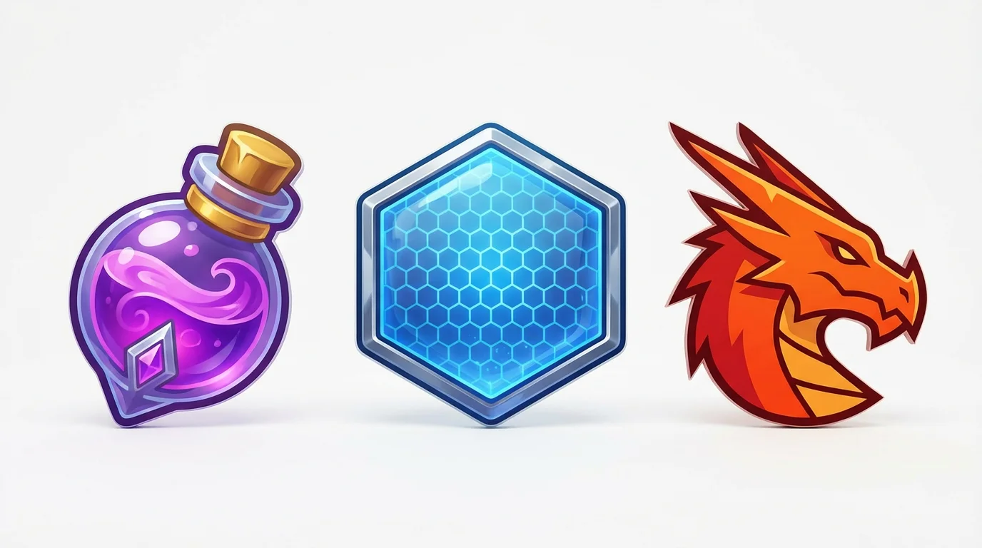 A mockup showcasing three different gaming icons on a white background: a glowing purple magic potion, a blue sci-fi energy shield, and a red and orange dragon emblem.