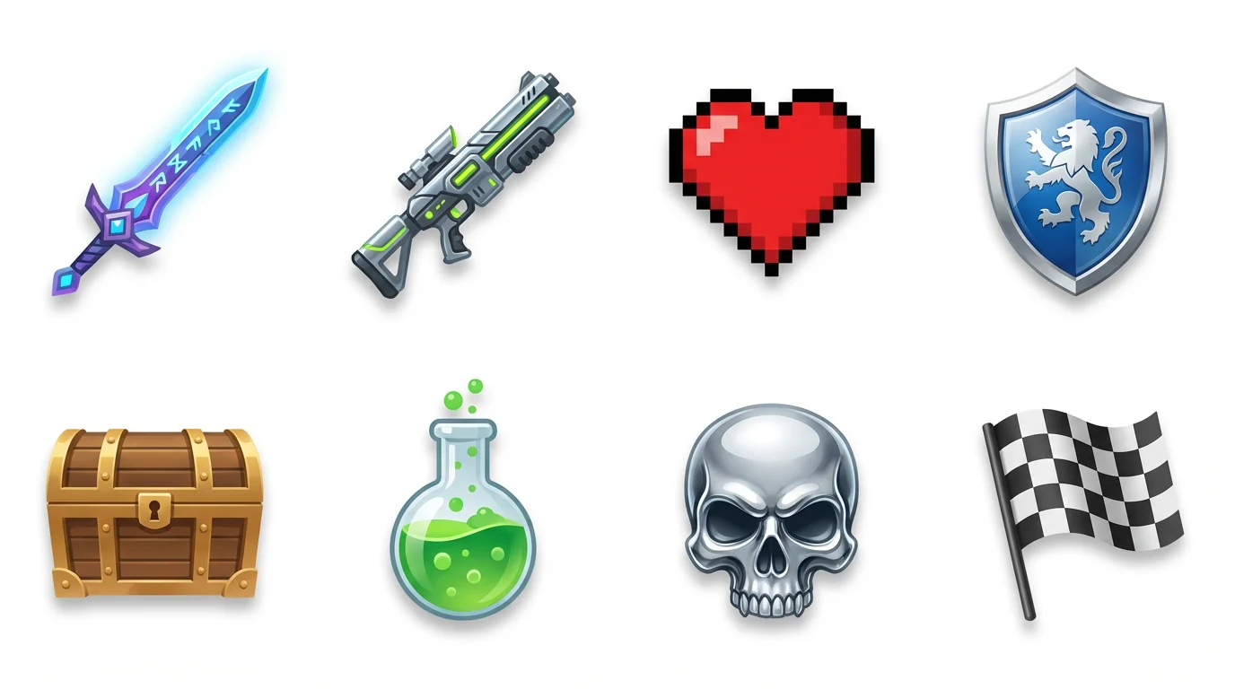 A vibrant collection of professionally designed gaming icons, including a sword, laser gun, and shield, displayed in a grid on a clean white background, showcasing different art styles.