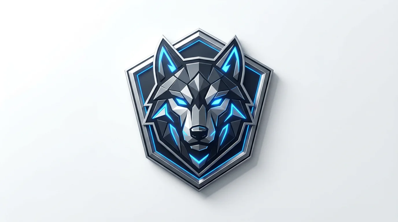 A modern esports gaming icon mockup of a stylized, geometric wolf head in charcoal and silver with glowing blue eyes, set against a plain white background.