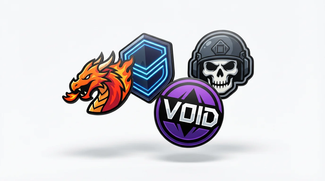A collection of four modern, vector-style gaming icons, including a dragon, a shield, and a skull, floating against a clean white background.