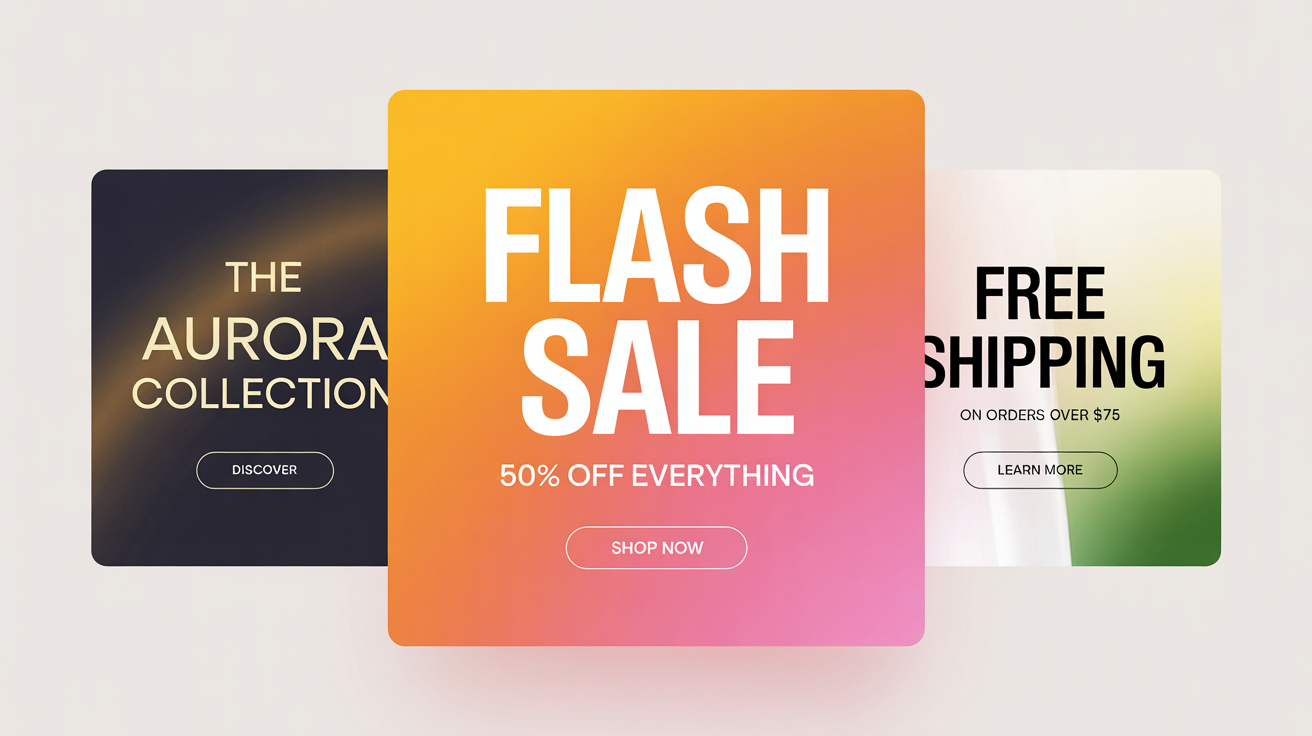 A mockup of three distinct and colorful website banners for promotions like a flash sale and free shipping, arranged dynamically against a plain white background.