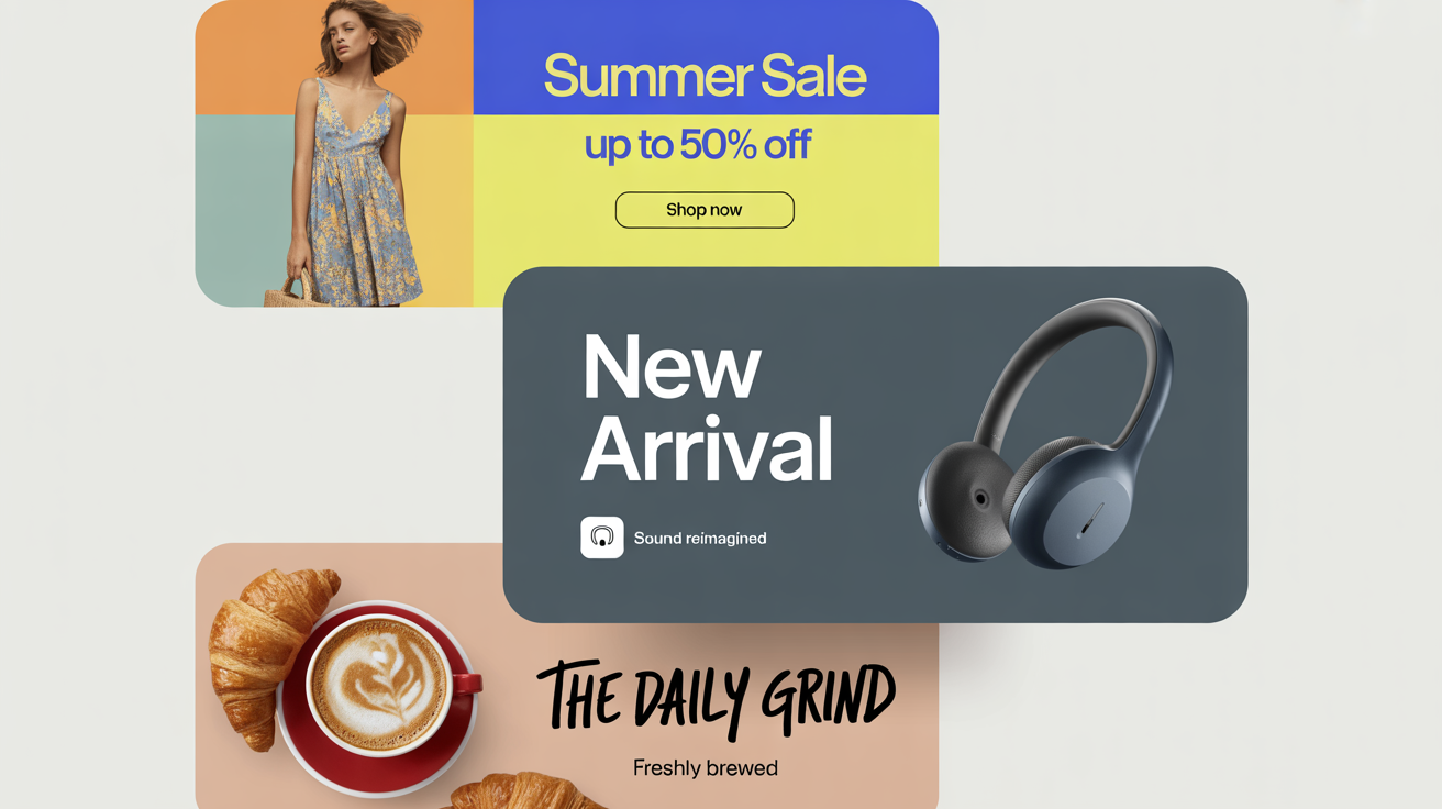 A mockup of three professionally designed website banners for promotions, new arrivals, and a local business, arranged in a dynamic, overlapping composition on a clean white background.