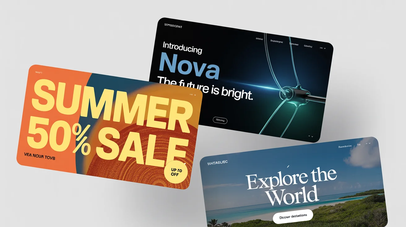 A mockup of three modern, eye-catching website banners for sales, product launches, and travel, arranged dynamically on a clean white background.