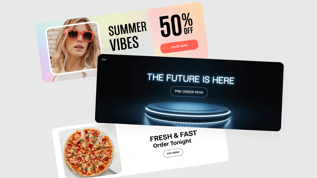 A mockup of three distinct, eye-catching website banners for promotions in fashion, tech, and food, arranged attractively against a plain white background.