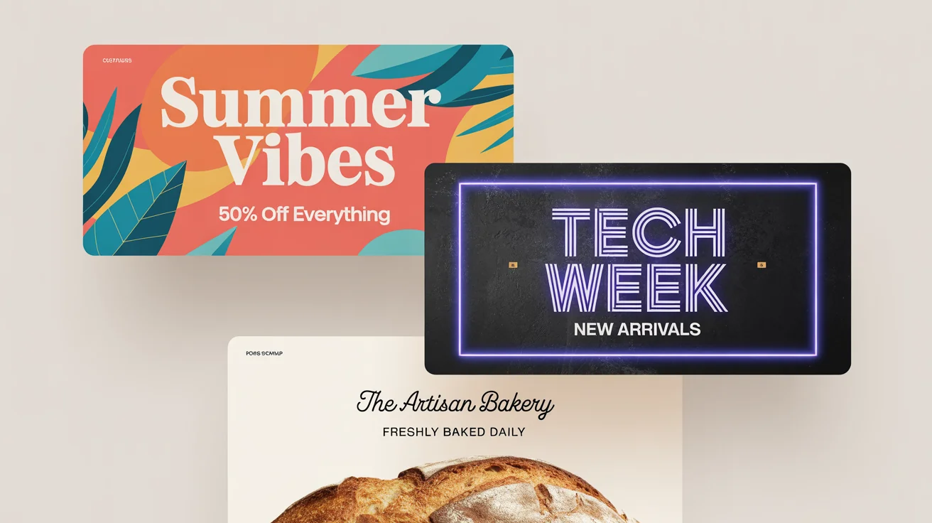 A mockup of three professionally designed website banners for promotions like a summer sale, a tech week, and an artisan bakery, arranged attractively on a white background.