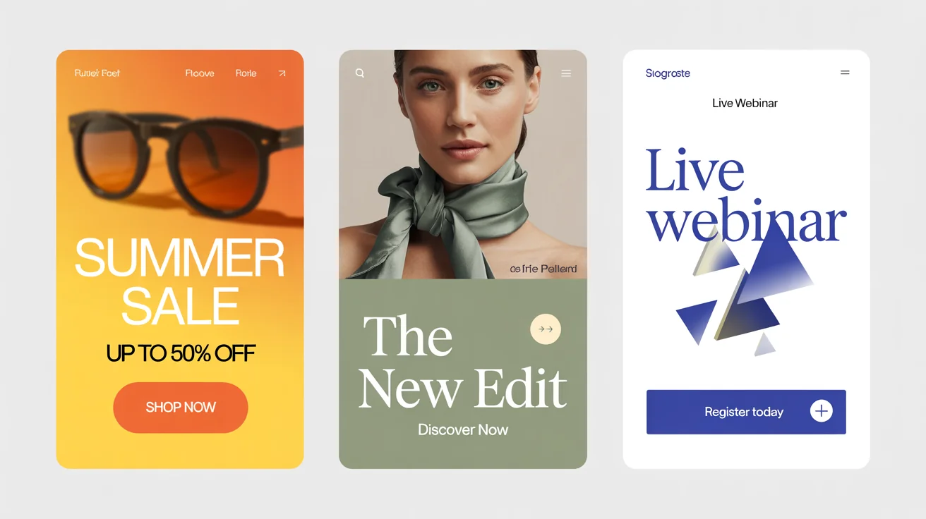 A mockup of three different, professionally designed website banners floating against a white background, showcasing various styles for promotions, new collections, and announcements.