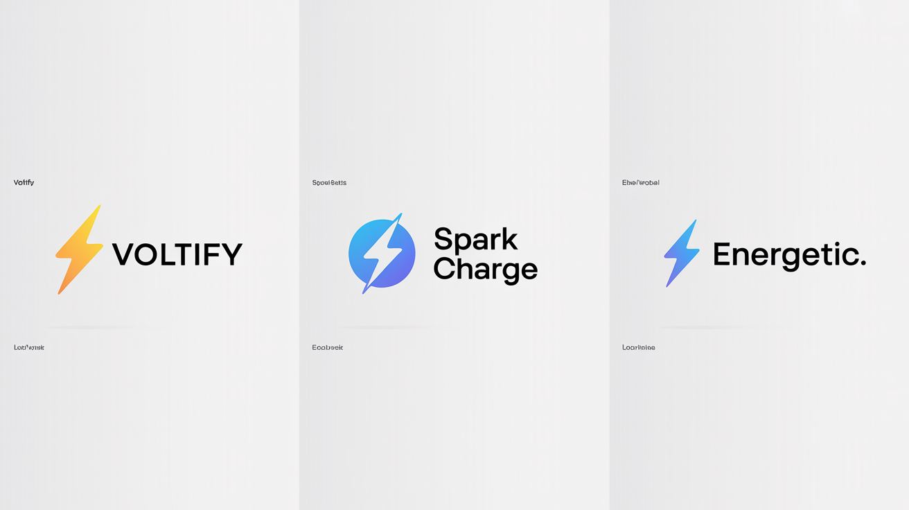 A showcase of professionally designed lightning bolt logos in a 16:9 format, featuring different styles and fictional company names like 'Voltify' and 'Spark Charge' on a clean white background.