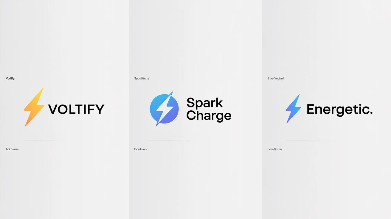 A showcase of professionally designed lightning bolt logos in a 16:9 format, featuring different styles and fictional company names like 'Voltify' and 'Spark Charge' on a clean white background.