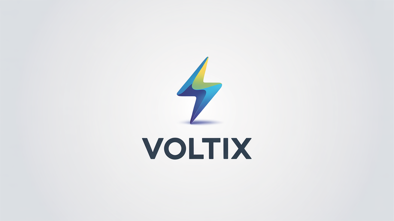 A minimalist logo on a white background featuring a sharp, angular lightning bolt in blue and yellow, with the word 'VOLTIX' written below in a modern font.