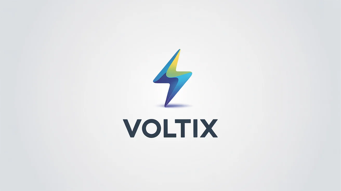 A minimalist logo on a white background featuring a sharp, angular lightning bolt in blue and yellow, with the word 'VOLTIX' written below in a modern font.